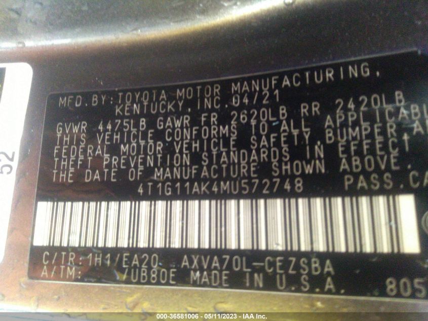 2021 TOYOTA CAMRY SE - 4T1G11AK4MU572748