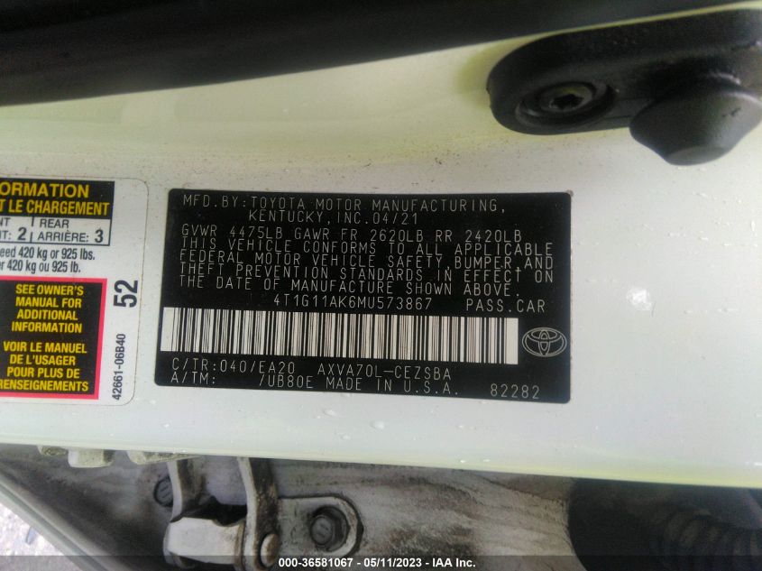 2021 TOYOTA CAMRY SE - 4T1G11AK6MU573867