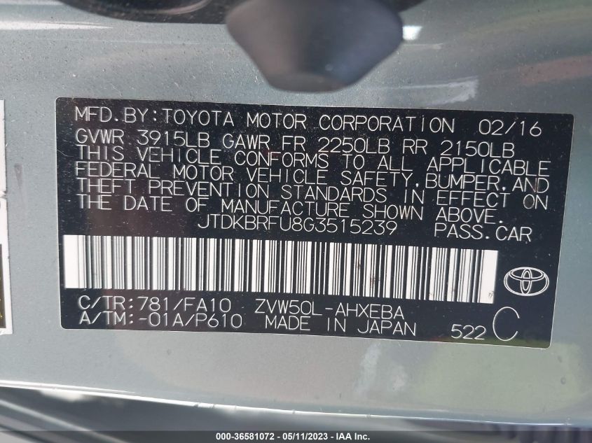 2016 TOYOTA PRIUS TWO - JTDKBRFU8G3515239