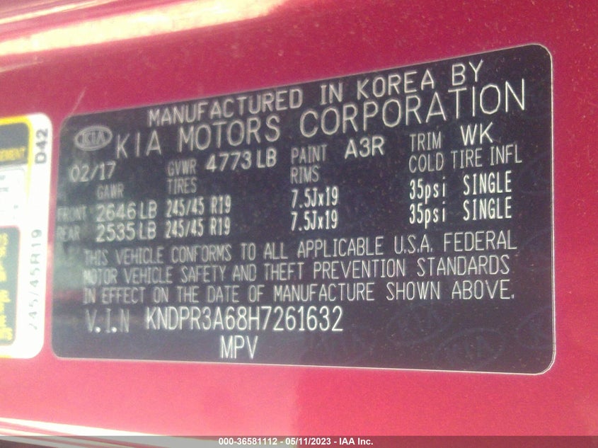 VIN KNDPR3A68H7261632 2017 KIA SPORTAGE SX TURBO