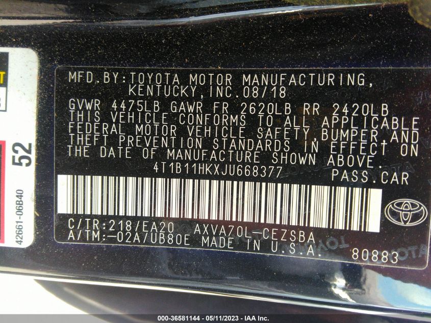 2018 TOYOTA CAMRY LE/SE/XLE/L - 4T1B11HKXJU668377