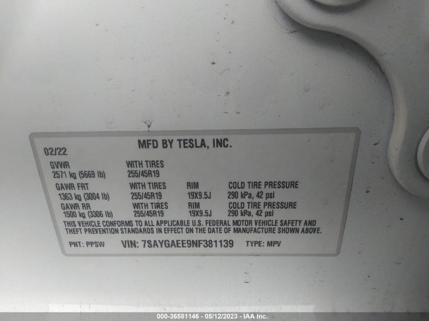 2022 TESLA MODEL Y LONG RANGE - 7SAYGAEE9NF381139