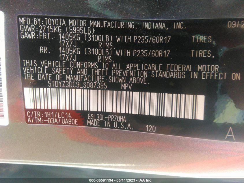 2020 TOYOTA SIENNA XLE - 5TDYZ3DC9LS087395