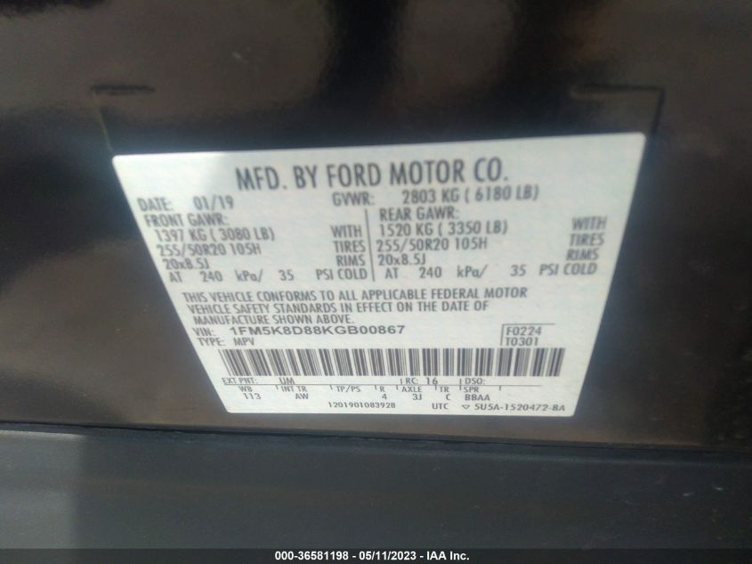 2019 FORD EXPLORER XLT - 1FM5K8D88KGB00867