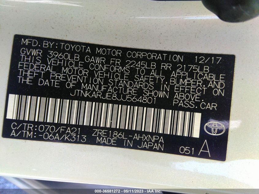 2018 TOYOTA COROLLA IM - JTNKARJE8JJ564801