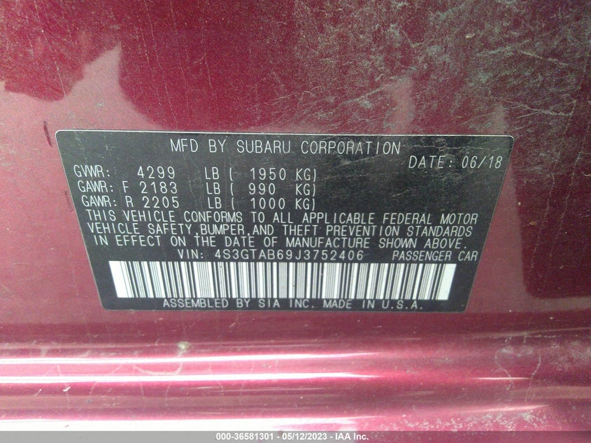 VIN 4S3GTAB69J3752406 2018 SUBARU IMPREZA PREMIUM