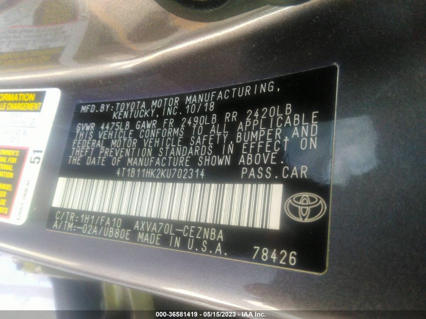 2019 TOYOTA CAMRY LE/SE/XLE/L - 4T1B11HK2KU702314
