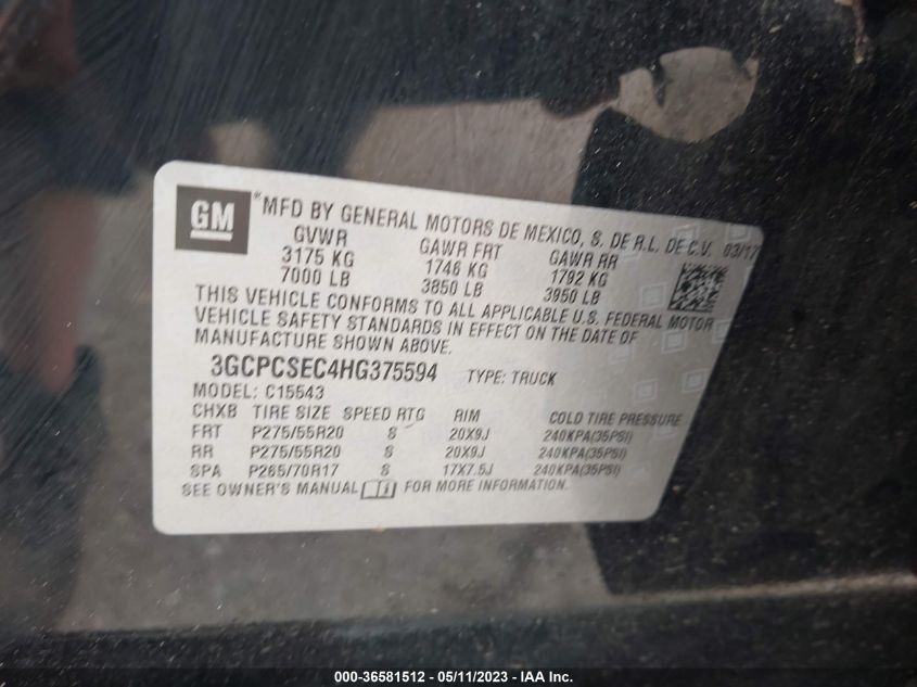 2017 CHEVROLET SILVERADO 1500 LTZ - 3GCPCSEC4HG375594