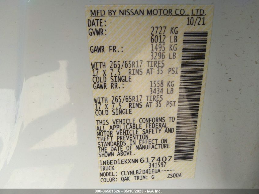 2022 NISSAN FRONTIER SV - 1N6ED1EKXNN617407