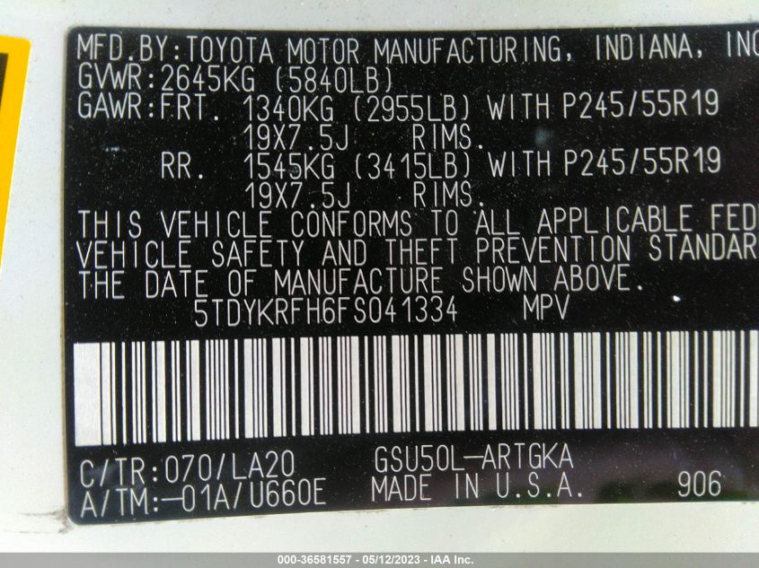 2015 TOYOTA HIGHLANDER LIMITED - 5TDYKRFH6FS041334