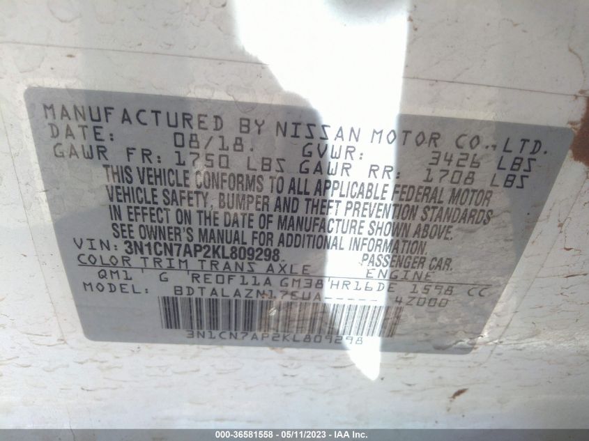 2019 NISSAN VERSA SEDAN S PLUS - 3N1CN7AP2KL809298