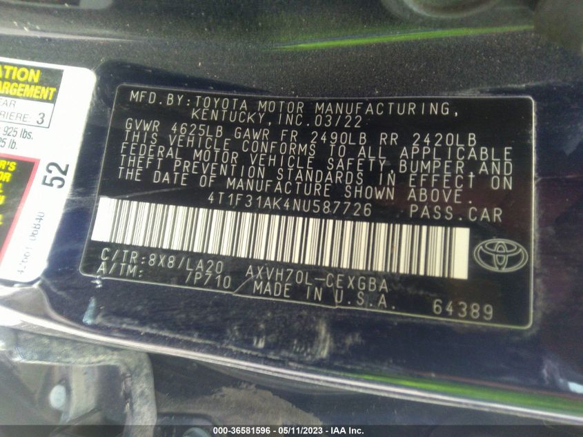 2022 TOYOTA CAMRY HYBRID XLE - 4T1F31AK4NU587726