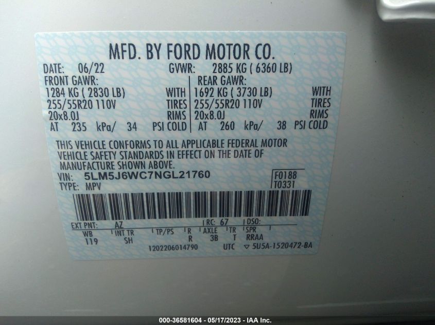 2022 LINCOLN AVIATOR STANDARD - 5LM5J6WC7NGL21760