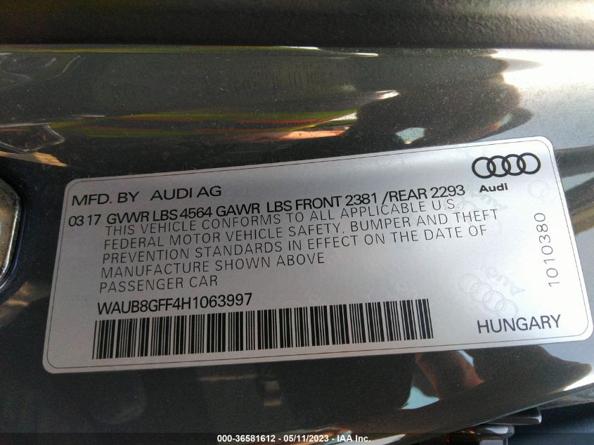 2017 AUDI A3 SEDAN PREMIUM - WAUB8GFF4H1063997