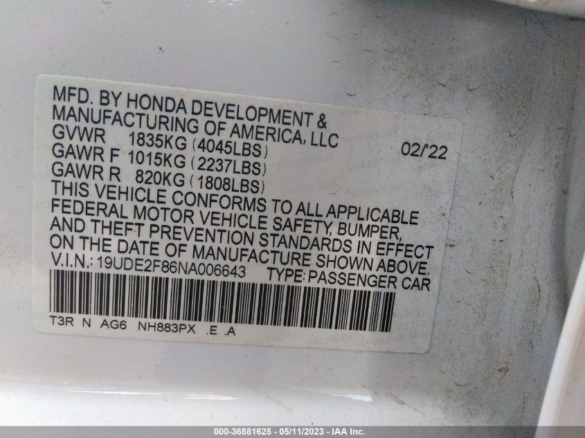 2022 ACURA ILX PACKAGE - 19UDE2F86NA006643
