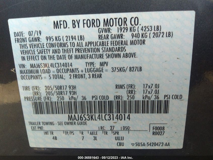 2020 FORD ECOSPORT TITANIUM - MAJ6S3KL4LC314014
