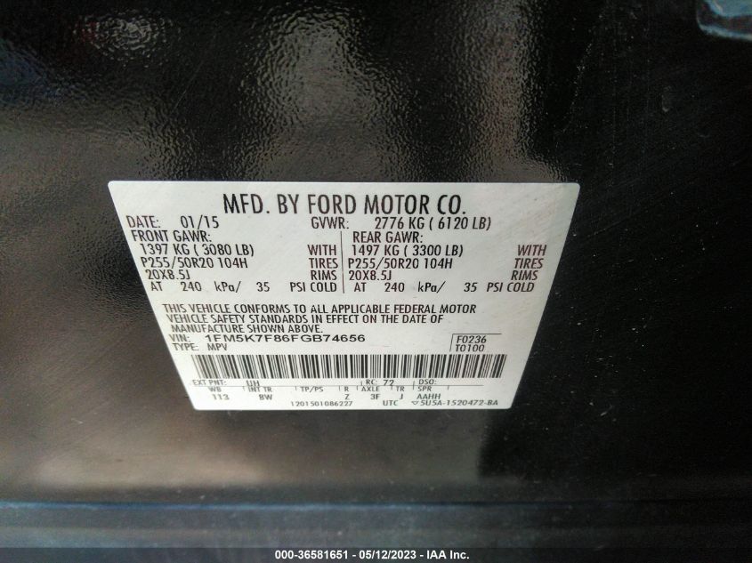 2015 FORD EXPLORER LIMITED - 1FM5K7F86FGB74656
