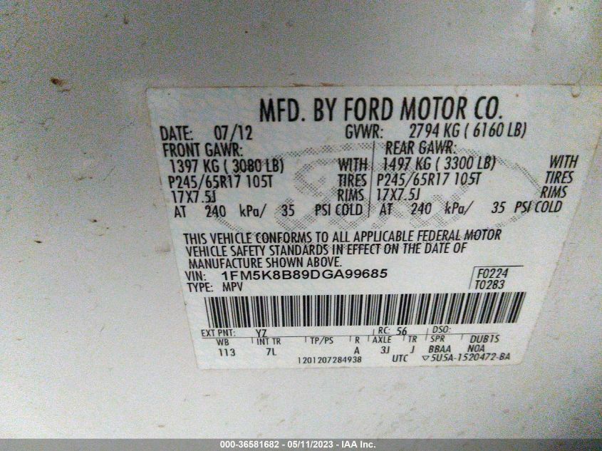 2013 FORD EXPLORER BASE - 1FM5K8B89DGA99685