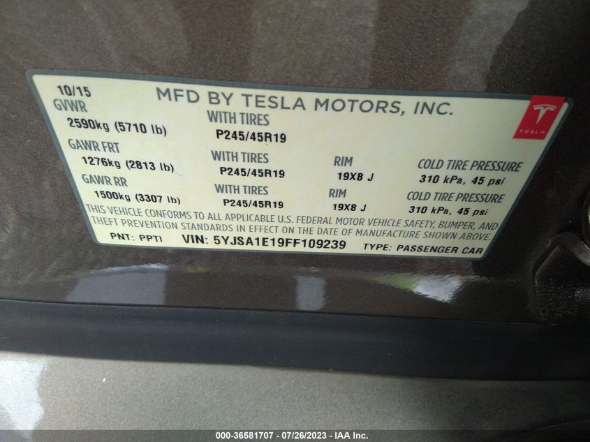 2015 TESLA MODEL S KWH BATTERY - 5YJSA1E19FF109239