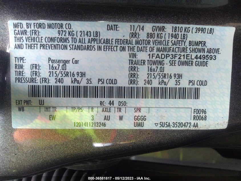 2014 FORD FOCUS SE - 1FADP3F21EL449593