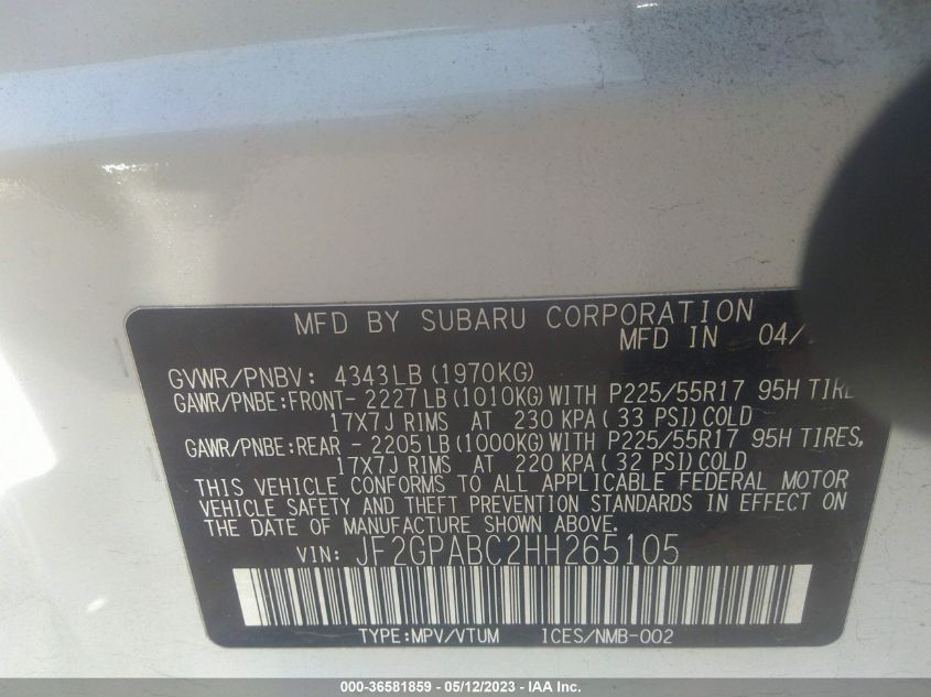 2017 SUBARU CROSSTREK PREMIUM - JF2GPABC2HH265105