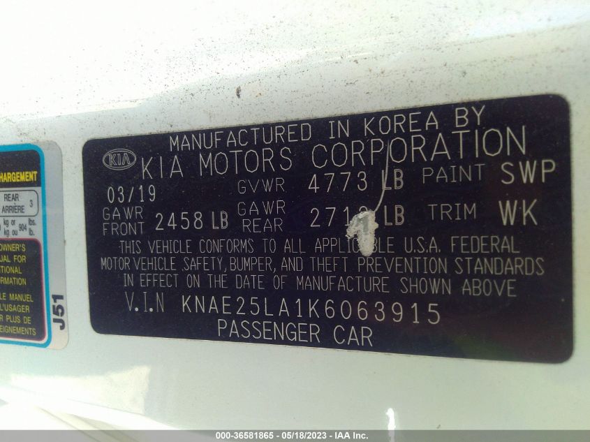 2019 KIA STINGER PREMIUM - KNAE25LA1K6063915