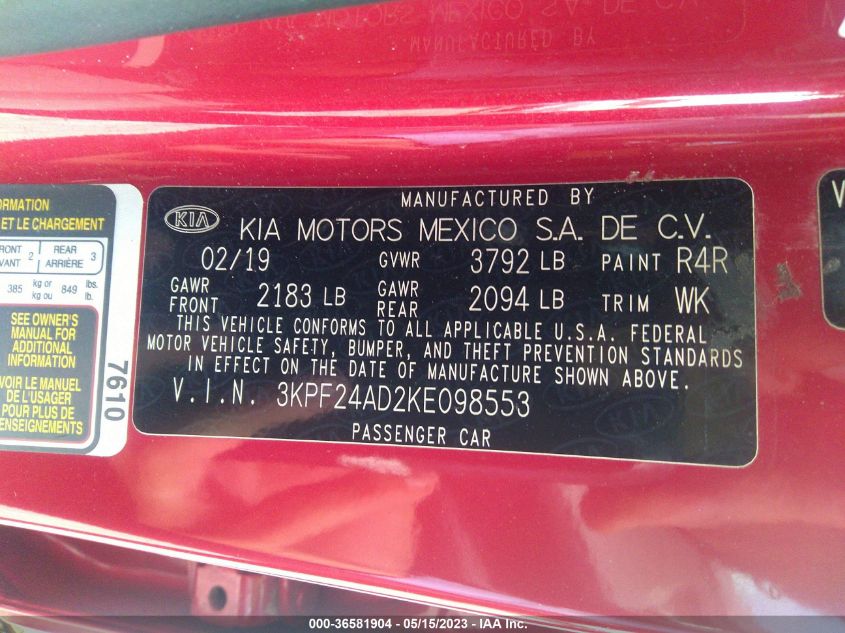 2019 KIA FORTE LXS - 3KPF24AD2KE098553