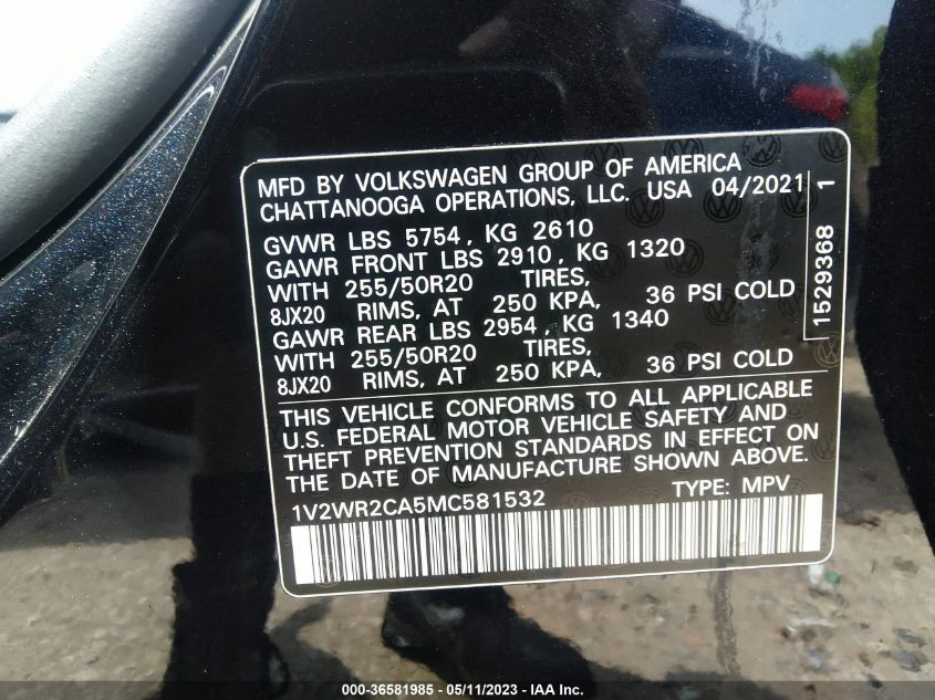 2021 VOLKSWAGEN ATLAS 3.6L V6 SE W/TECHNOLOGY - 1V2WR2CA5MC581532