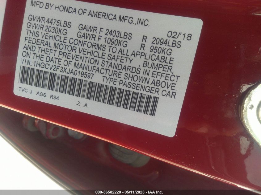 2018 HONDA ACCORD SEDAN SPORT 2.0T - 1HGCV2F3XJA019597