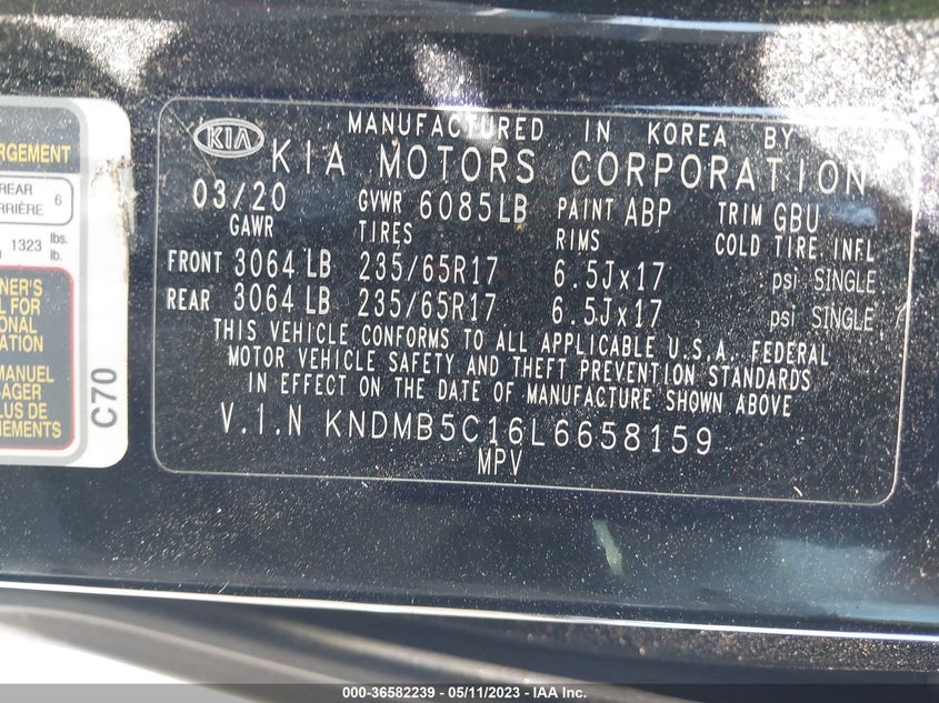 VIN KNDMB5C16L6658159 2020 KIA SEDONA LX