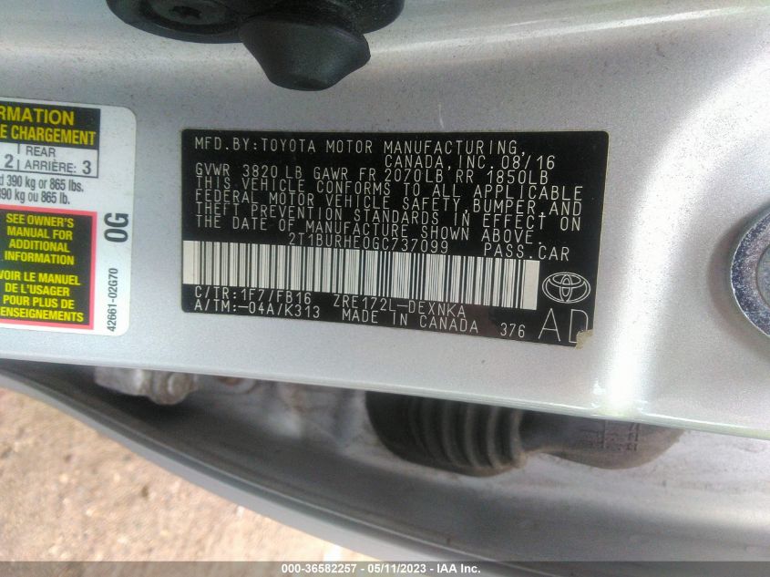 2016 TOYOTA COROLLA LE - 2T1BURHE0GC737099