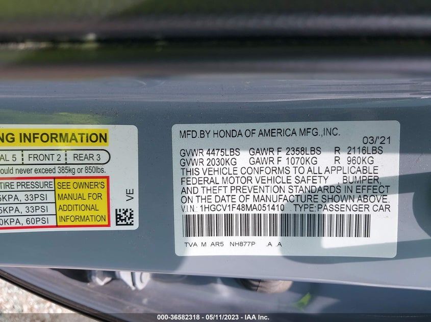 VIN 1HGCV1F48MA051410 2021 HONDA ACCORD SEDAN SPORT SE