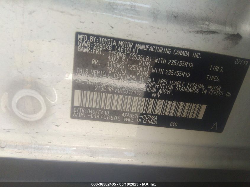 2019 TOYOTA RAV4 XLE PREMIUM - 2T3C1RFV4KC017112