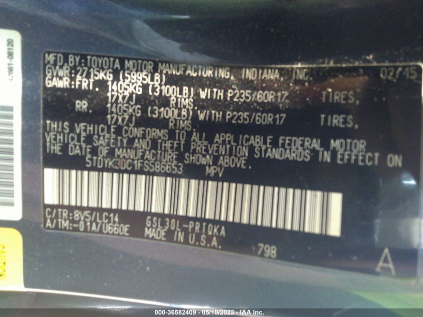2015 TOYOTA SIENNA XLE/XLE AAS/LTD - 5TDYK3DC1FS586653