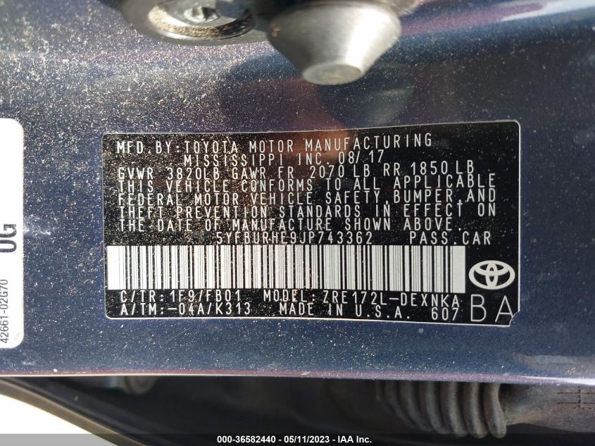 2018 TOYOTA COROLLA L/LE/XLE/SE/XSE - 5YFBURHE9JP743362