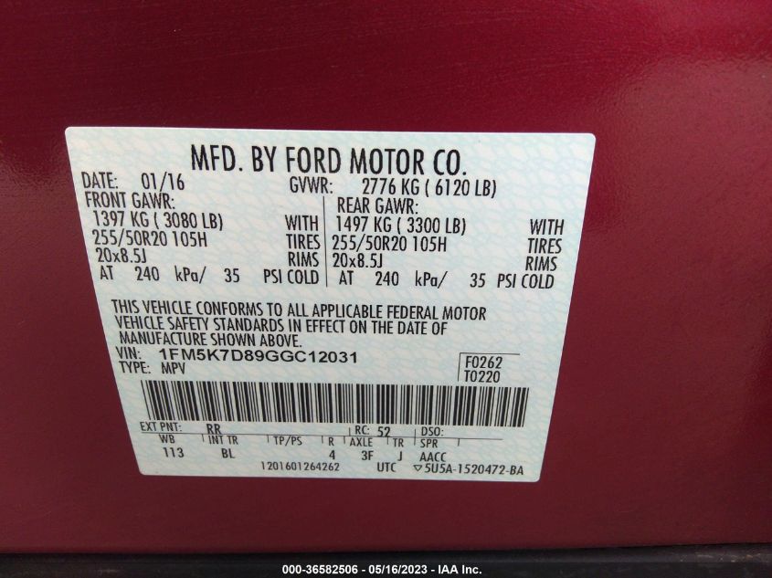 2016 FORD EXPLORER XLT - 1FM5K7D89GGC12031