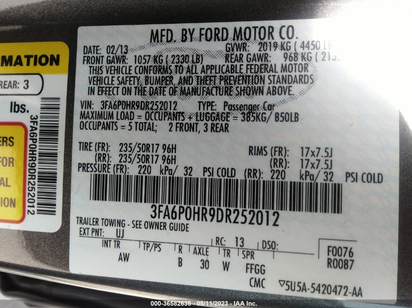 2013 FORD FUSION SE - 3FA6P0HR9DR252012