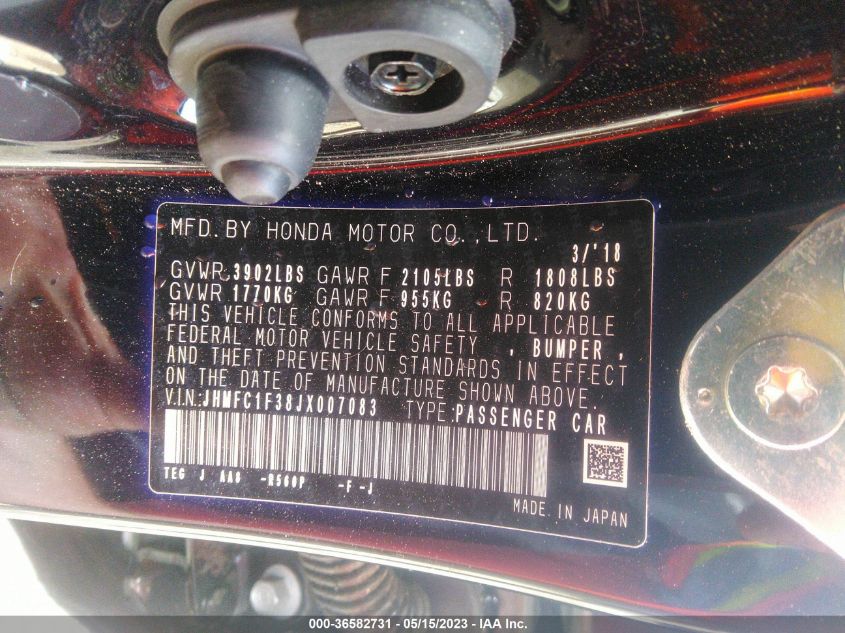 2018 HONDA CIVIC SEDAN EX-T - JHMFC1F38JX007083