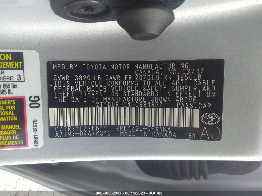 2017 TOYOTA COROLLA L/LE/XLE/SE - 2T1BURHE1HC881827