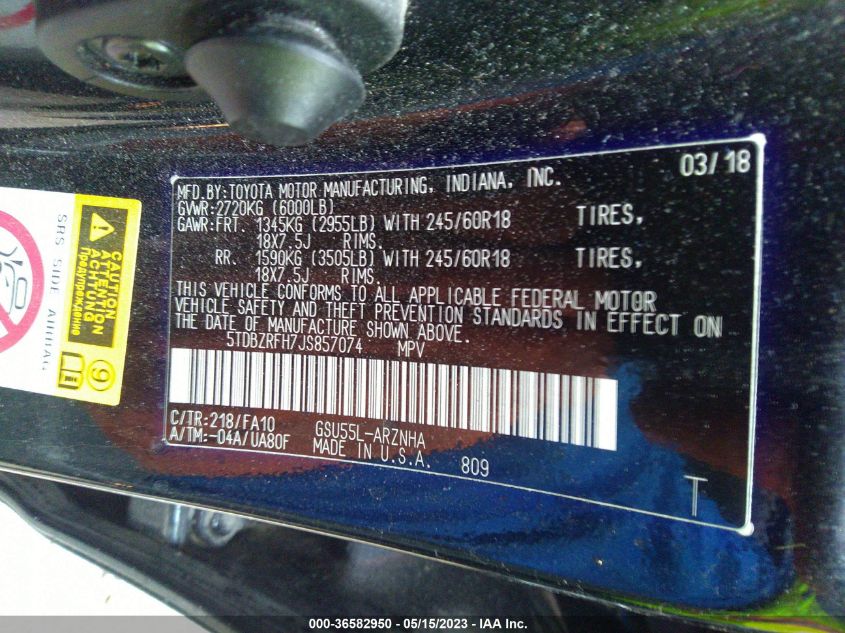 2018 TOYOTA HIGHLANDER LE - 5TDBZRFH7JS857074