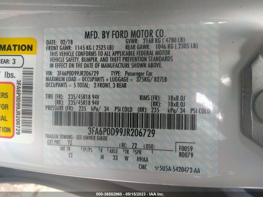 2018 FORD FUSION TITANIUM/PLATINUM - 3FA6P0D99JR206729