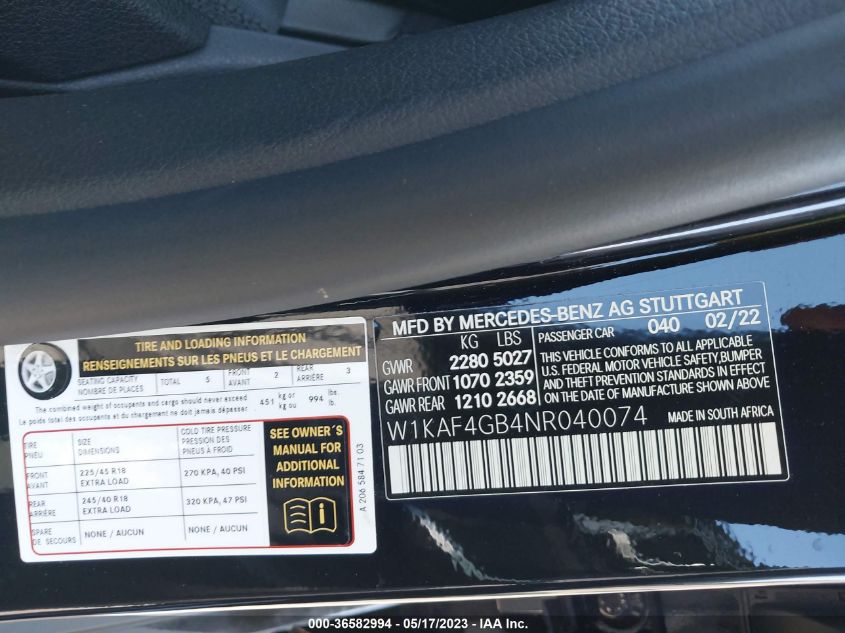2022 MERCEDES-BENZ C-CLASS C 300 - W1KAF4GB4NR040074