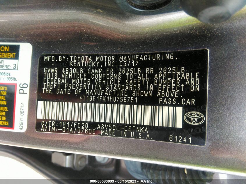 2017 TOYOTA CAMRY LE - 4T1BF1FK1HU756751