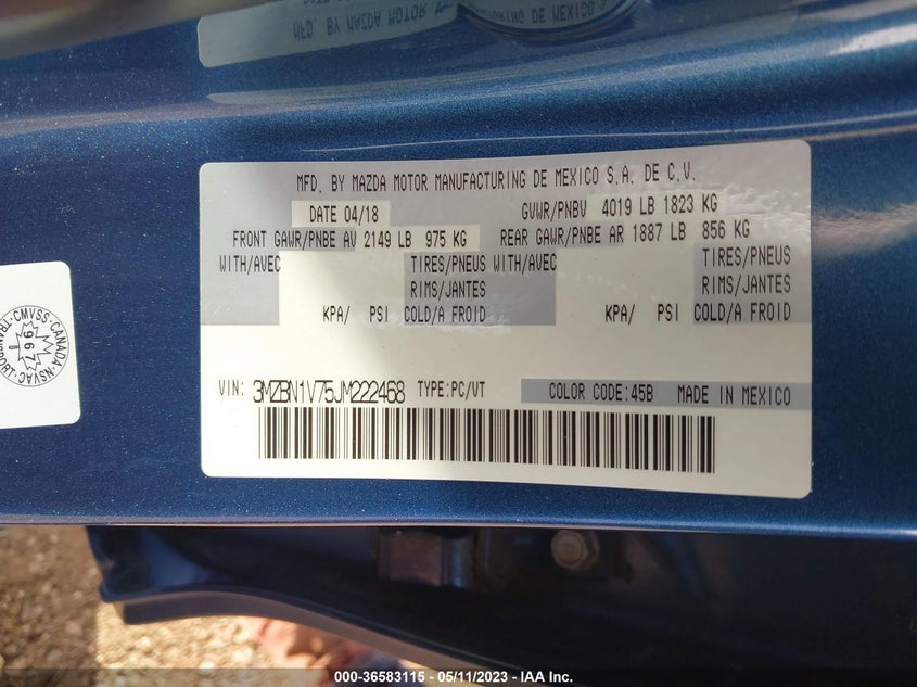 VIN 3MZBN1V75JM222468 2018 MAZDA MAZDA3 GS
