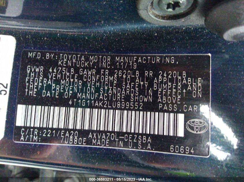 2020 TOYOTA CAMRY SE - 4T1G11AK2LU899552