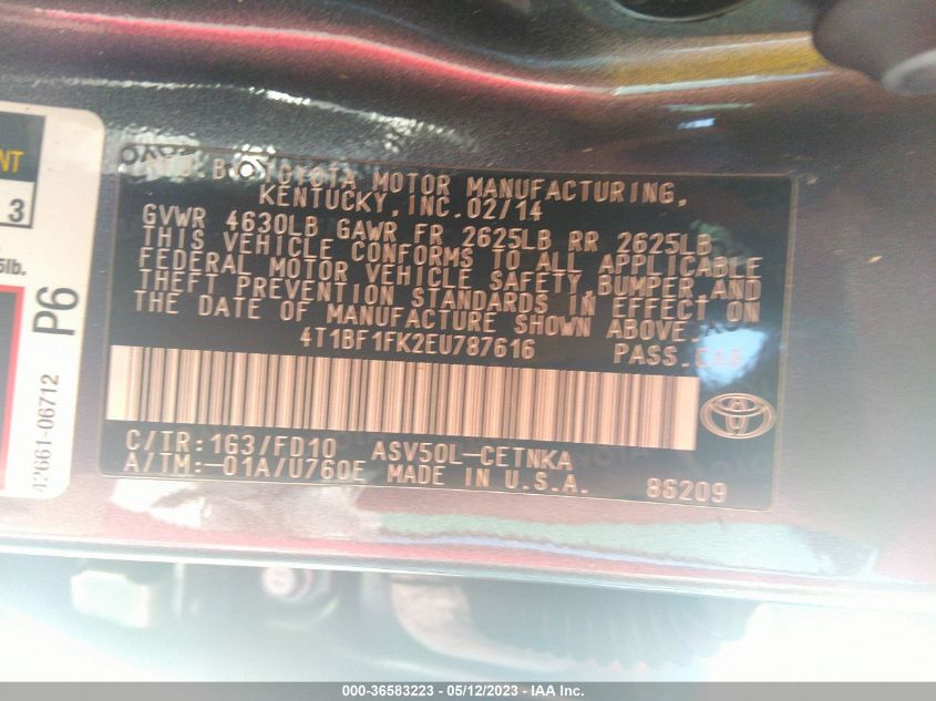 2014 TOYOTA CAMRY L/LE/XLE/SE/SE SPORT - 4T1BF1FK2EU787616