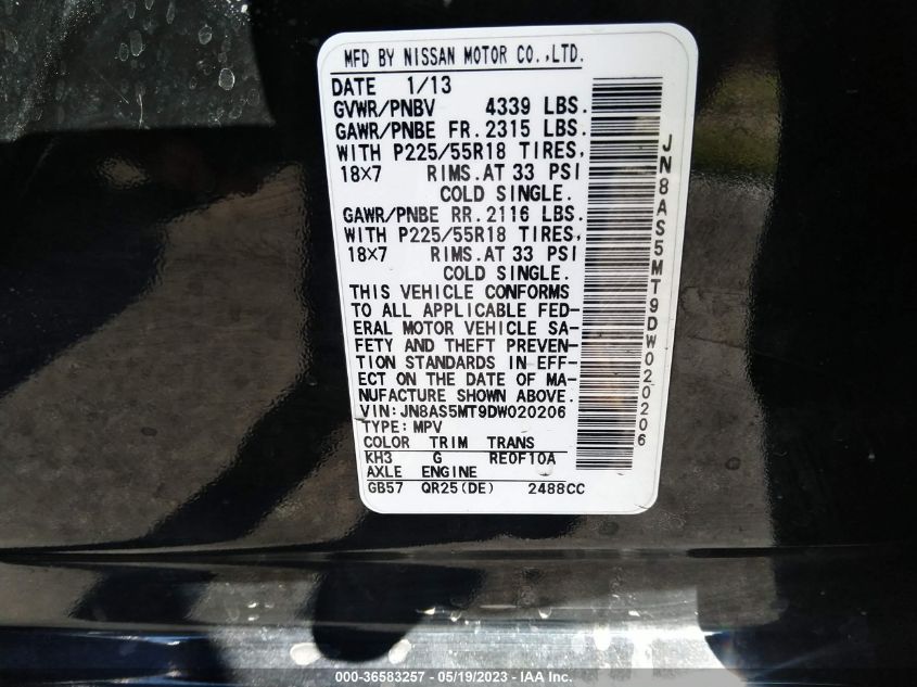 2013 NISSAN ROGUE SL - JN8AS5MT9DW020206