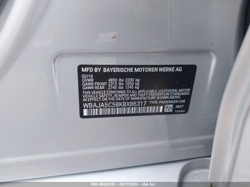 2019 BMW 5 SERIES 530I - WBAJA5C58KBX86317