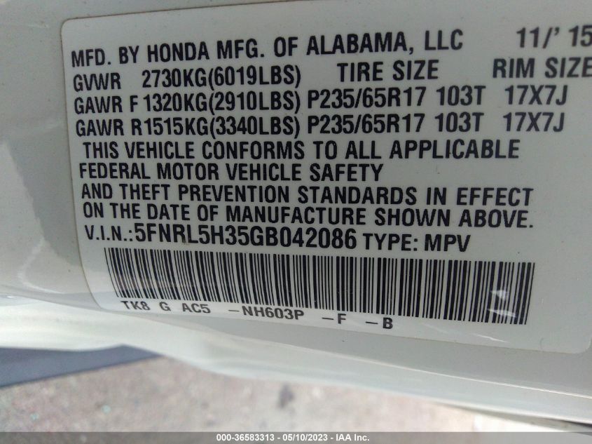 2016 HONDA ODYSSEY SE - 5FNRL5H35GB042086