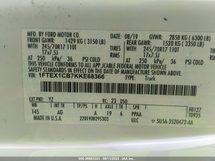 2019 FORD F-150 XL/XLT - 1FTEX1CB7KKE68366
